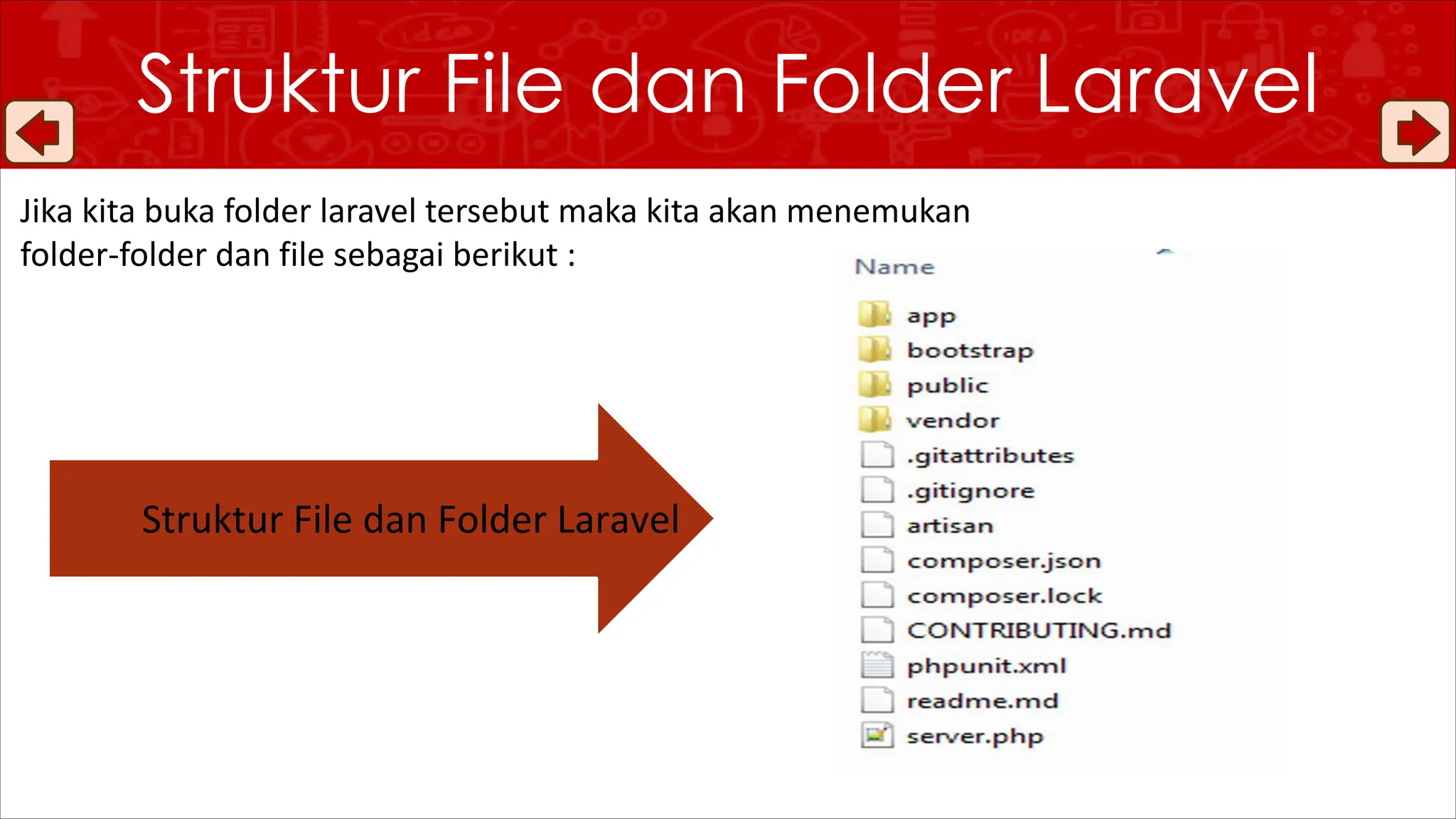 Struktur File dan Folder Laravel
Struktur File dan Folder Laravel
Jika kita buka folder laravel tersebut maka kita akan menemukan
folder-folder dan file sebagai berikut :
 