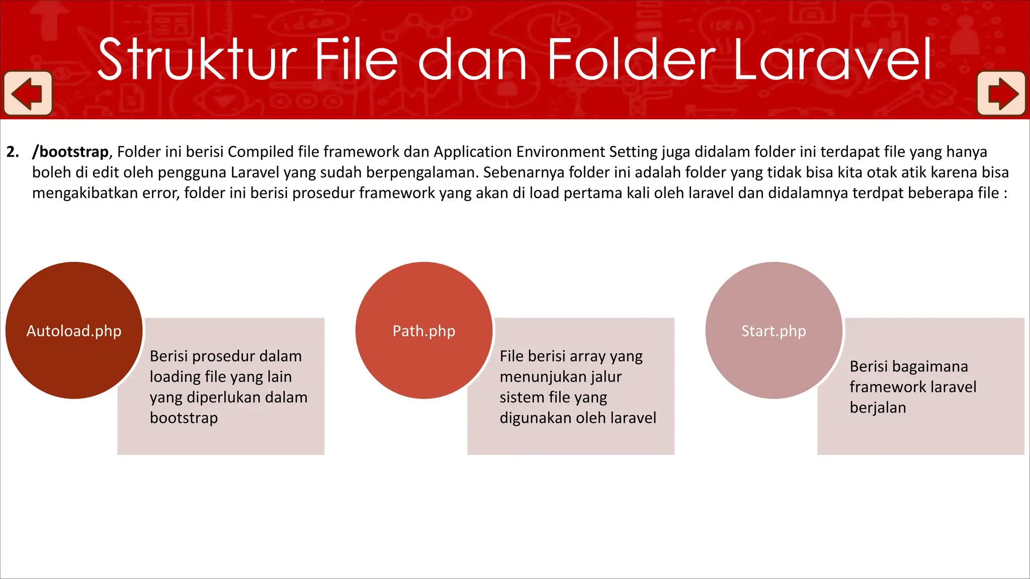 Struktur File dan Folder Laravel
Berisi prosedur dalam
loading file yang lain
yang diperlukan dalam
bootstrap
Autoload.php
File berisi array yang
menunjukan jalur
sistem file yang
digunakan oleh laravel
Path.php
Berisi bagaimana
framework laravel
berjalan
Start.php
2. /bootstrap, Folder ini berisi Compiled file framework dan Application Environment Setting juga didalam folder ini terdapat file yang hanya
boleh di edit oleh pengguna Laravel yang sudah berpengalaman. Sebenarnya folder ini adalah folder yang tidak bisa kita otak atik karena bisa
mengakibatkan error, folder ini berisi prosedur framework yang akan di load pertama kali oleh laravel dan didalamnya terdpat beberapa file :
 