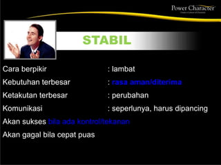 STABIL
Cara berpikir : lambat
Kebutuhan terbesar : rasa aman/diterima
Ketakutan terbesar : perubahan
Komunikasi : seperlunya, harus dipancing
Akan sukses bila ada kontrol/tekanan
Akan gagal bila cepat puas
 