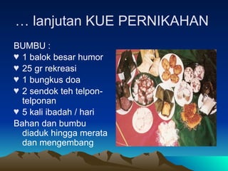 … lanjutan KUE PERNIKAHAN
BUMBU :
♥ 1 balok besar humor
♥ 25 gr rekreasi
♥ 1 bungkus doa
♥ 2 sendok teh telpon-
telponan
♥ 5 kali ibadah / hari
Bahan dan bumbu
diaduk hingga merata
dan mengembang
 