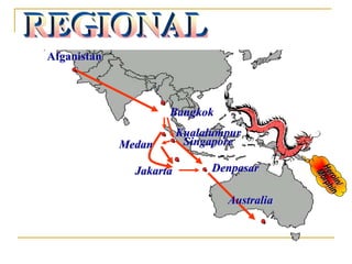 Denpasar
Jakarta
Kualalumpur
Bangkok
Afganistan
Medan Singapore
Australia
 