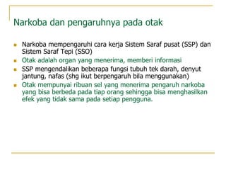 Narkoba dan pengaruhnya pada otak
 Narkoba mempengaruhi cara kerja Sistem Saraf pusat (SSP) dan
Sistem Saraf Tepi (SSO)
 Otak adalah organ yang menerima, memberi informasi
 SSP mengendalikan beberapa fungsi tubuh tek darah, denyut
jantung, nafas (shg ikut berpengaruh bila menggunakan)
 Otak mempunyai ribuan sel yang menerima pengaruh narkoba
yang bisa berbeda pada tiap orang sehingga bisa menghasilkan
efek yang tidak sama pada setiap pengguna.
 
