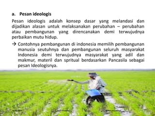a. Pesan ideologis
Pesan ideologis adalah konsep dasar yang melandasi dan
dijadikan alasan untuk melaksanakan perubahan – perubahan
atau pembangunan yang direncanakan demi terwujudnya
perbaikan mutu hidup.
 Contohnya pembangunan di indonesia memilih pembangunan
manusia seutuhnya dan pembangunan seluruh masyarakat
Indonesia demi terwujudnya masyarakat yang adil dan
makmur, materil dan spritual berdasarkan Pancasila sebagai
pesan Ideologisnya.
16/05/2016 Dedi Firmanto Materi penyuluhan 3
 