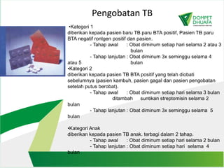 •Kategori 1
diberikan kepada pasien baru TB paru BTA positif, Pasien TB paru
BTA negatif rontgen positif dan pasien.
- Tahap awal : Obat diminum setiap hari selama 2 atau 3
bulan
- Tahap lanjutan : Obat diminum 3x seminggu selama 4
atau 5 bulan
•Kategori 2
diberikan kepada pasien TB BTA positif yang telah diobati
sebelumnya (pasien kambuh, pasien gagal dan pasien pengobatan
setelah putus berobat).
- Tahap awal : Obat diminum setiap hari selama 3 bulan
ditambah suntikan streptomisin selama 2
bulan
- Tahap lanjutan : Obat diminum 3x seminggu selama 5
bulan
•Kategori Anak
diberikan kepada pasien TB anak. terbagi dalam 2 tahap.
- Tahap awal : Obat diminum setiap hari selama 2 bulan
- Tahap lanjutan : Obat diminum setiap hari selama 4
bulan
Pengobatan TB
 