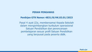 PERAN PENGAWAS
Perdirjen GTK Nomor: 4831/B/HK.03.01/2023
Pasal 4 ayat (2)c, membersamai Kepala Sekolah
dalam mengembangkan kurikulum operasional
Satuan Pendidikan dan perencanaan
pembelajaran sesuai profil Satuan Pendidikan
yang berpusat pada peserta didik.
 