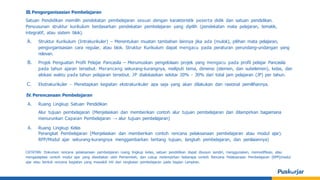 III.Pengorganisasian Pembelajaran
Satuan Pendidikan memilih pendekatan pembelajaran sesuai dengan karakteristik peserta didik dan satuan pendidikan.
Penyusunan struktur kurikulum berdasarkan pendekatan pembelajaran yang dipilih (pendekatan mata pelajaran, tematik,
integratif, atau sistem blok).
A. Struktur Kurikulum (Intrakurikuler) – Menentukan muatan tambahan lainnya jika ada (mulok), pilihan mata pelajaran,
pengorganisasian cara regular, atau blok. Struktur Kurikulum dapat mengacu pada peraturan perundang-undangan yang
relevan.
B. Projek Penguatan Profil Pelajar Pancasila – Merumuskan pengelolaan projek yang mengacu pada profil pelajar Pancasila
pada tahun ajaran tersebut. Merancang sekurang-kurangnya, meliputi tema, dimensi (elemen, dan subelemen), kelas, dan
alokasi waktu pada tahun pelajaran tersebut. JP dialokasikan sekitar 20% - 30% dari total jam pelajaran (JP) per tahun.
C. Ekstrakurikuler - Menetapkan kegiatan ekstrakurikuler apa saja yang akan dilakukan dan rasional pemilihannya.
IV.Perencanaan Pembelajaran
A. Ruang Lingkup Satuan Pendidikan
Alur tujuan pembelajaran (Menjelaskan dan memberikan contoh alur tujuan pembelajaran dan dilampirkan bagaimana
menurunkan Capaian Pembelajaran → alur tujuan pembelajaran)
A. Ruang Lingkup Kelas
Perangkat Pembelajaran (Menjelaskan dan memberikan contoh rencana pelaksanaan pembelajaran atau modul ajar).
RPP/Modul ajar sekurang-kurangnya menggambarkan tentang tujuan, langkah pembelajaran, dan penilaiannya)
CATATAN: Dokumen rencana pelaksanaan pembelajaran ruang lingkup kelas, satuan pendidikan dapat disusun sendiri, menggunakan, memodifikasi, atau
mengadaptasi contoh modul ajar yang disediakan oleh Pemerintah, dan cukup melampirkan beberapa contoh Rencana Pelaksanaan Pembelajaran (RPP)/modul
ajar atau bentuk rencana kegiatan yang mewakili inti dari rangkaian pembelajaran pada bagian Lampiran.
 