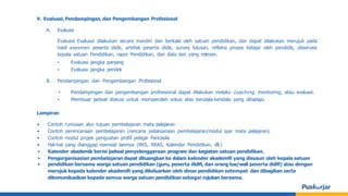 V. Evaluasi,Pendampingan, dan Pengembangan Profesional
A. Evaluasi
Evaluasi Evaluasi dilakukan secara mandiri dan berkala oleh satuan pendidikan, dan dapat dilakukan merujuk pada
hasil asesmen peserta didik, artefak peserta didik, survey lulusan, refleksi proses belajar oleh pendidik, observasi
kepala satuan Pendidikan, rapor Pendidikan, dan data lain yang relevan.
▪ Evaluasi jangka panjang
▪ Evaluasi jangka pendek
B. Pendampingan dan Pengembangan Profesional
▪ Pendampingan dan pengembangan professional dapat dilakukan melalui coaching, monitoring, atau evaluasi.
▪ Membuat jadwal diskusi untuk memperoleh solusi atas kendala-kendala yang dihadapi.
Lampiran
• Contoh rumusan alur tujuan pembelajaran mata pelajaran
• Contoh perencanaan pembelajaran (rencana pelaksanaan pembelajaran/modul ajar mata pelajaran)
• Contoh modul projek penguatan profil pelajar Pancasila
• Hal-hal yang dianggap esensial lainnya (RKS, RKAS, Kalender Pendidikan, dll.)
• Kalender akademik berisi jadwal penyelenggaraan program dan kegiatan satuan pendidikan.
• Pengorganisasian pembelajaran dapat dituangkan ke dalam kalender akademifi yang disusun oleh kepala satuan
• pendidikan bersama warga satuan pendidikan (guru, peserta didifi, dan orang tua/wali peserta didifi) atau dengan
merujuk kepada kalender akademifi yang dikeluarkan oleh dinas pendidikan setempat dan dibagikan serta
dikomunikasikan kepada semua warga satuan pendidikan sebagai rujukan bersama.
 