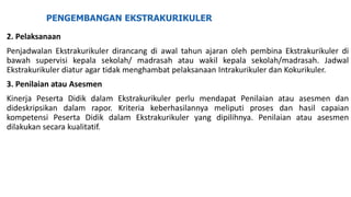 PENGEMBANGAN EKSTRAKURIKULER
2. Pelaksanaan
Penjadwalan Ekstrakurikuler dirancang di awal tahun ajaran oleh pembina Ekstrakurikuler di
bawah supervisi kepala sekolah/ madrasah atau wakil kepala sekolah/madrasah. Jadwal
Ekstrakurikuler diatur agar tidak menghambat pelaksanaan Intrakurikuler dan Kokurikuler.
3. Penilaian atau Asesmen
Kinerja Peserta Didik dalam Ekstrakurikuler perlu mendapat Penilaian atau asesmen dan
dideskripsikan dalam rapor. Kriteria keberhasilannya meliputi proses dan hasil capaian
kompetensi Peserta Didik dalam Ekstrakurikuler yang dipilihnya. Penilaian atau asesmen
dilakukan secara kualitatif.
 