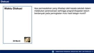 KEMENTERIAN PENDIDIKAN, KEBUDAYAAN, RISET, DAN TEKNOLOGI 113
Diskusi
Apa permasalahan yang dihadapi oleh kepala sekolah dalam
melakukan perencanaan sehingga program/kegiatan belum
berdampak pada peningkatan mutu hasil belajar murid?
30 Menit
Waktu Diskusi
 