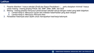 KEMENTERIAN PENDIDIKAN, KEBUDAYAAN, RISET, DAN TEKNOLOGI 165
Latihan
1. Peserta diberikan 1 kasus sekolah (Profil dan Rapor Pendidikan) 🡪 perlu disiapkan minimal 1 kasus
untuk masing - masing jenjang PAUD, SD, SMP, SMA, SMK, dan SLB
2. Masing - masing peserta menyusun perencanaan sekolah sesuai dengan materi yang telah diajarkan:
a. Lembar Kerja 4: Menyusun tujuan dan indikator keberhasilan yang akan dicapai
b. Lembar Kerja 5: Menyusun Rencana Aksi
3. Perwakilan Kelompok akan dipilih untuk memaparkan hasil kerja kelompok
 
