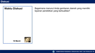 KEMENTERIAN PENDIDIKAN, KEBUDAYAAN, RISET, DAN TEKNOLOGI 196
Diskusi
Bagaimana menurut Anda gambaran daerah yang memiliki
layanan pendidikan yang berkualitas?
10 Menit
Waktu Diskusi
 
