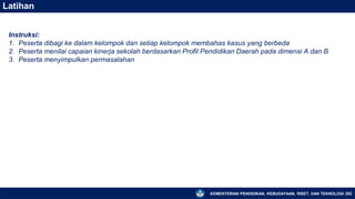 KEMENTERIAN PENDIDIKAN, KEBUDAYAAN, RISET, DAN TEKNOLOGI 202
Latihan
Instruksi:
1. Peserta dibagi ke dalam kelompok dan setiap kelompok membahas kasus yang berbeda
2. Peserta menilai capaian kinerja sekolah berdasarkan Profil Pendidikan Daerah pada dimensi A dan B
3. Peserta menyimpulkan permasalahan
 
