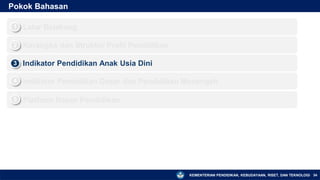 KEMENTERIAN PENDIDIKAN, KEBUDAYAAN, RISET, DAN TEKNOLOGI
Pokok Bahasan
▪ Latar Belakang
1
▪ Kerangka dan Struktur Profil Pendidikan
2
▪ Indikator Pendidikan Anak Usia Dini
3
▪ Indikator Pendidikan Dasar dan Pendidikan Menengah
4
34
▪ Platform Rapor Pendidikan
5
 