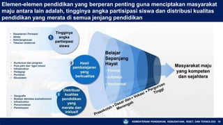 Elemen-elemen pendidikan yang berperan penting guna menciptakan masyarakat
maju antara lain adalah, tingginya angka partisipasi siswa dan distribusi kualitas
pendidikan yang merata di semua jenjang pendidikan
KEMENTERIAN PENDIDIKAN, KEBUDAYAAN, RISET, DAN TEKNOLOGI 10
 