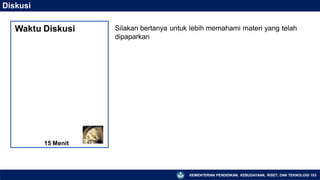 Diskusi
Silakan bertanya untuk lebih memahami materi yang telah
dipaparkan
Waktu Diskusi
15 Menit
KEMENTERIAN PENDIDIKAN, KEBUDAYAAN, RISET, DAN TEKNOLOGI 103
 