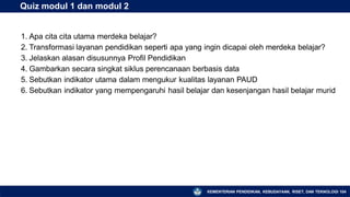 Quiz modul 1 dan modul 2
KEMENTERIAN PENDIDIKAN, KEBUDAYAAN, RISET, DAN TEKNOLOGI 104
1. Apa cita cita utama merdeka belajar?
2. Transformasi layanan pendidikan seperti apa yang ingin dicapai oleh merdeka belajar?
3. Jelaskan alasan disusunnya Profil Pendidikan
4. Gambarkan secara singkat siklus perencanaan berbasis data
5. Sebutkan indikator utama dalam mengukur kualitas layanan PAUD
6. Sebutkan indikator yang mempengaruhi hasil belajar dan kesenjangan hasil belajar murid
 