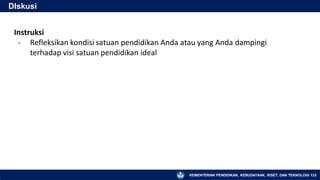 DIskusi
KEMENTERIAN PENDIDIKAN, KEBUDAYAAN, RISET, DAN TEKNOLOGI 133
Instruksi
- Refleksikan kondisi satuan pendidikan Anda atau yang Anda dampingi
terhadap visi satuan pendidikan ideal
 