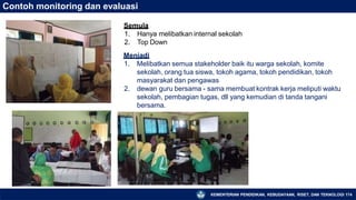 Contoh monitoring dan evaluasi
Semula
1. Hanya melibatkan internal sekolah
2. Top Down
Menjadi
1. Melibatkan semua stakeholder baik itu warga sekolah, komite
sekolah, orang tua siswa, tokoh agama, tokoh pendidikan, tokoh
masyarakat dan pengawas
2. dewan guru bersama - sama membuat kontrak kerja meliputi waktu
sekolah, pembagian tugas, dll yang kemudian di tanda tangani
bersama.
KEMENTERIAN PENDIDIKAN, KEBUDAYAAN, RISET, DAN TEKNOLOGI 174
 
