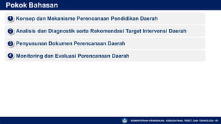 Pokok Bahasan
Konsep dan Mekanisme Perencanaan Pendidikan Daerah
1
▪
Analisis dan Diagnostik serta Rekomendasi Target Intervensi Daerah
2
▪
Penyusunan Dokumen Perencanaan Daerah
3
▪
Monitoring dan Evaluasi Perencanaan Daerah
4
▪
KEMENTERIAN PENDIDIKAN, KEBUDAYAAN, RISET, DAN TEKNOLOGI 181
 