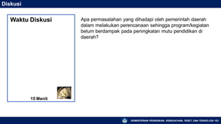 Diskusi
Apa permasalahan yang dihadapi oleh pemerintah daerah
dalam melakukan perencanaan sehingga program/kegiatan
belum berdampak pada peningkatan mutu pendidikan di
daerah?
Waktu Diskusi
15 Menit
KEMENTERIAN PENDIDIKAN, KEBUDAYAAN, RISET, DAN TEKNOLOGI 183
 