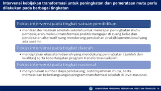 Intervensi kebijakan transformasi untuk peningkatan dan pemerataan mutu perlu
dilakukan pada berbagai tingkatan
KEMENTERIAN PENDIDIKAN, KEBUDAYAAN, RISET, DAN TEKNOLOGI 19
 