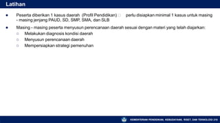 Latihan
KEMENTERIAN PENDIDIKAN, KEBUDAYAAN, RISET, DAN TEKNOLOGI 218
● Peserta diberikan 1 kasus daerah (Profil Pendidikan) 🡪 perlu disiapkan minimal 1 kasus untuk masing
- masing jenjang PAUD, SD, SMP, SMA, dan SLB
● Masing - masing peserta menyusun perencanaan daerah sesuai dengan materi yang telah diajarkan:
○ Melakukan diagnosis kondisi daerah
○ Menyusun perencanaan daerah
○ Mempersiapkan strategi pemenuhan
 