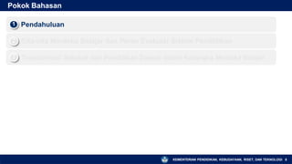 Pokok Bahasan
Pendahuluan
1
▪
Cita-cita Merdeka Belajar dan Peran Evaluasi Sistem Pendidikan
2
▪
Transformasi Sekolah dan Pendidikan Daerah dalam Kerangka Merdeka Belajar
3
▪
KEMENTERIAN PENDIDIKAN, KEBUDAYAAN, RISET, DAN TEKNOLOGI 8
 