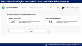 Berikut tampilan ringkasan eksekutif rapor pendidikan kabupaten/kota
KEMENTERIAN PENDIDIKAN, KEBUDAYAAN, RISET, DAN TEKNOLOGI 99
 
