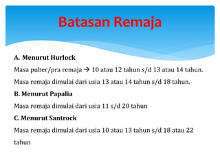 Batasan Remaja
A. Menurut Hurlock
Masa puber/pra remaja  10 atau 12 tahun s/d 13 atau 14 tahun.
Masa remaja dimulai dari usia 13 atau 14 tahun s/d 18 tahun.
B. Menurut Papalia
Masa remaja dimulai dari usia 11 s/d 20 tahun
C. Menurut Santrock
Masa remaja dimulai dari usia 10 atau 13 tahun s/d 18 atau 22
tahun
 