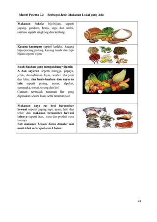 24
Materi Peserta 7.2 Berbagai Jenis Makanan Lokal yang Ada
Makanan Pokok: biji-bijian, seperti
jagung, gandum, beras, sagu dan umbi-
umbian seperti singkong dan kentang
Kacang-kacangan seperti kedelai, kacang
hijau,kacang polong, kacang tanah dan biji-
bijian seperti wijen
Buah-buahan yang mengandung vitamin
A dan sayuran seperti mangga, pepaya,
jeruk, daun-daunan hijau, wortel, ubi jalar
dan labu; dan buah-buahan dan sayuran
lain seperti pisang, nenas, alpukat,
semangka, tomat, terung dan kol.
Catatan: termasuk tanaman liar yang
digunakan secara lokal serta tanaman lain
Makanan kaya zat besi bersumber
hewani seperti daging sapi, ayam, hati dan
telur; dan makanan bersumber hewani
lainnya seperti ikan, susu dan produk susu
lainnya
Cat: makanan hewani harus dimulai saat
anak telah mencapai usia 6 bulan
 