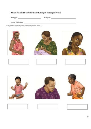 49
Materi Peserta 13.4: Daftar Hadir Kelompok Dukungan PMBA
Tanggal: Wilayah:
Nama fasilitator:
Cat: gambar diganti dg orang Indonesia (diambil dari KK)
 