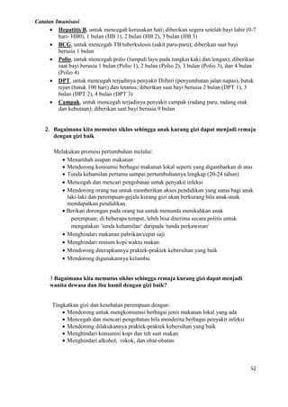 52
Catatan Imunisasi:
 Hepatitis B, untuk mencegah kerusakan hati; diberikan segera setelah bayi lahir (0-7
hari- HB0), 1 bulan (HB 1), 2 bulan (HB 2), 3 bulan (HB 3)
 BCG, untuk mencegah TB/tuberkulosis (sakit paru-paru); diberikan saat bayi
berusia 1 bulan
 Polio, untuk mencegah polio (lumpuh layu pada tungkai kaki dan lengan); diberikan
saat bayi berusia 1 bulan (Polio 1), 2 bulan (Polio 2), 3 bulan (Polio 3), dan 4 bulan
(Polio 4)
 DPT, untuk mencegah terjadinya penyakit Difteri (penyumbatan jalan napas), batuk
rejan (batuk 100 hari) dan tetanus; diberikan saat bayi berusia 2 bulan (DPT 1), 3
bulan (DPT 2), 4 bulan (DPT 3)
 Campak, untuk mencegah terjadinya penyakit campak (radang paru, radang otak
dan kebutaan); diberikan saat bayi berusia 9 bulan
 Bagaimana kita memutus siklus sehingga anak kurang gizi dapat menjadi remaja
dengan gizi baik

 Melakukan promosi pertumbuhan melalui:
 Menambah asupan makanan
 endorong konsumsi berbagai makanan lokal seperti yang digambarkan di atas
 Tunda kehamilan pertama sampai pertumbuhannya lengkap (20-24 tahun)
 Mencegah dan mencari pengobatan untuk penyakit infeksi
 Mendorong orang tua untuk memberikan akses pendidikan yang sama bagi anak
laki-laki dan perempuan-gejala kurang gizi akan berkurang bila anak-anak
mendapatkan pendidikan.
Berikan dorongan pada orang tua untuk menunda menikahkan anak
perempuan; di beberapa tempat, lebih bisa diterima secara politis untuk
mengatakan ‟tunda kehamilan„ daripada ‟tunda perkawinan„
 Menghindari makanan pabrikan/cepat saji
 Menghindari minum kopi waktu makan
 Mendorong diterapkannya praktek-praktek kebersihan yang baik
 Mendorong digunakannya kelambu
3 Bagaimana kita memutus siklus sehingga remaja kurang gizi dapat menjadi
wanita dewasa dan ibu hamil dengan gizi baik?
Tingkatkan gizi dan kesehatan perempuan dengan:
 Mendorong untuk mengkonsumsi berbagai jenis makanan lokal yang ada
 Mencegah dan mencari pengobatan bila menderita berbagai penyakit infeksi
 Mendorong dilakukannya praktek-praktek kebersihan yang baik
 Menghindari konsumsi kopi dan teh saat makan
 Menghindari alkohol, rokok, dan obat-obatan
 