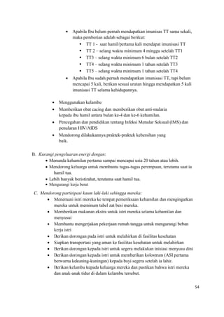 54
 Apabila Ibu belum pernah mendapatkan imunisas TT sama sekali,
maka pemberian adalah sebagai berikut:
 TT 1 - saat hamil/pertama kali mendapat imunisasi TT
 TT 2 – selang waktu minimum 4 minggu setelah TT1
 TT3 – selang waktu minimum 6 bulan setelah TT2
 TT4 – selang waktu minimum 1 tahun setelah TT3
 TT5 – selang waktu minimum 1 tahun setelah TT4
 Apabila Ibu sudah pernah mendapatkan imunisasi TT, tapi belum
mencapai 5 kali, berikan sesuai urutan hingga mendapatkan 5 kali
imunisasi TT selama kehidupannya.
 Menggunakan kelambu
 Memberikan obat cacing dan memberikan obat anti-malaria
kepada ibu hamil antara bulan ke-4 dan ke-6 kehamilan.
 Pencegahan dan pendidikan tentang Infeksi Menular Seksual (IMS) dan
penularan HIV/AIDS
 Mendorong dilakukannya praktek-praktek kebersihan yang
baik.
B. Kurangi pengeluaran energi dengan:
 Menunda kehamilan pertama sampai mencapai usia 20 tahun atau lebih.
 Mendorong keluarga untuk membantu tugas-tugas perempuan, terutama saat ia
hamil tua.
 Lebih banyak beristirahat, terutama saat hamil tua.
 Mengurangi kerja berat
C. Mendorong partisipasi kaum laki-laki sehingga mereka:
 Menemani istri mereka ke tempat pemeriksaan kehamilan dan mengingatkan
mereka untuk meminum tabel zat besi mereka.
 Memberikan makanan ekstra untuk istri mereka selama kehamilan dan
menyusui
 Membantu mengerjakan pekerjaan rumah tangga untuk mengurangi beban
kerja istri
 Berikan dorongan pada istri untuk melahirkan di fasilitas kesehatan
 Siapkan transportasi yang aman ke fasilitas kesehatan untuk melahirkan
 Berikan dorongan kepada istri untuk segera melakukan inisiasi menyusu dini
 Berikan dorongan kepada istri untuk memberikan kolostrum (ASI pertama
berwarna kekuning-kuningan) kepada bayi segera setelah ia lahir.
 Berikan kelambu kepada keluarga mereka dan pastikan bahwa istri mereka
dan anak-anak tidur di dalam kelambu tersebut.
 