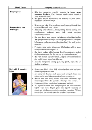 7
Situasi Umum Apa yang harus dilakukan
Ibu yang sakit  Bila ibu menderita penyakit tertentu, ia harus terus
menyusui bayinya. (Cari bantuan medis untuk penyakit
yang serius atau lama).
 Ibu perlu banyak beristirahat dan minum air putih untuk
membantu kesembuhannya.
Ibu yang kurus atau
kurang gizi
 Kepercayaan lokal: Ibu yang kurus atau kurang gizi tidak bisa
menghasilkan ASI yang cukup.
 Apa yang kita ketahui: Adalah penting bahwa seorang ibu
mendapatkan makanan yang baik untuk menjaga
kesehatannya sendiri.
 Ibu yang kurus atau kurang gizi akan menghasilkan jumlah
ASI yang memadai (dengan kualitas yang lebih baik daripada
kebanyakan makanan yang didapatkan bayi) jika anak sering
menyusu.
 Payudara yang sering diisap dan dikeluarkan ASInya akan
menghasilkan lebih banyak ASI.
 Ibu harus makan lebih banyak demi kesehatannya sendiri
(berikan makanan untuk ibu dan biarkan ia menyusui anaknya)
 Ibu perlu minum kapsul vitamin A segera setelah melahirkan
dan multivitamin setiap hari, jika ada.
 Jika ibu mengalami kurang gizi yang parah, rujuk Ibu ke
fasilitas kesehatan.
Bayi sakit di bawah 6
bulan
 Kepercayaan lokal: cairan tidak boleh diberikan pada bayi yang
sakit atau yang terkena diare.
 Apa yang kita ketahui: Anak yang sakit seringkali tidak mau
makan, tapi ia perlu kekuatan untuk melawan penyakitnya.
 Berikan ASI lebih sering selama diare untuk membantu bayi
melawan penyakitnya dan agar tidak kehilangan berat adannya.
 Pemberian ASI juga memberikan kenyamanan bagi bayi
 Jika bayi terlalu lemah untuk mengisap, perah ASI untuk diberikan
kepada bayi (baik dengan gelas atau diperah langsung ke
mulutnya). Ini akan membantu ibu menjaga persediaan ASI-nya
dan menjaga agar payudaranya tidak bengkak (engorgement).
 