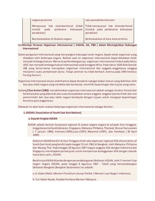 negara penerima 
Mempunyai hak ekstrateritorial (tidak 
tunduk pada pelaksana kekuasaan 
peradialan) 
Beerkedudukan di ibukota negara 
satu perwakilan konsuler 
Tidak mempunyai hak ekstrateritorial 
(tunduk pada pelaksanan kekuasaan 
peradilan) 
Berkedudukan di kota-kota tertentu 
4.1 Menkaji Peranan Organisasi Internasional ( ASEAN, AA, PBB ) dalam Meningkatkan Hubungan 
Internasional 
Dalam pergaulan internasional yang menyangkut hubungan antar negara, bayak sekali organisasi yang 
diadakan oleh beberapa negara. Bahkan saat ini organisasi internasional dapat dikatakan telah 
menjadi lembaga hukum. Menurut perkembangannya, organisasi internasional timbul pada tahun 
1815 dan menjadi lembaga hukum internasional sejak konggres Wina. Pada tahun 1920 didirikanlah 
LBB yang benar-benar merupakan organisasi internasional dan anggota-anggotanya sanggup 
menjamin suatu perdamaian dunia. Tetapi jaminan itu tidak berhasil, karena pada 1945 meletus 
Perang Dunia II. 
Organisasi Internasional secara sederhamna dapat dimaknai sebagai badan hukum yang didirikan oleh 
dua atau lebih negara yang merdeka dan berdaulat, memiliki kepentingan dan tujuan yang sama. 
Sedang Clive Archer (1983) mendefinisikan organisasi internasional adalah sebagai struktur formal dan 
berkelanjutan yang dibentuk atas suatu kesepakatan antara anggota-anggota (pemerintah dan non 
pemerintah) dari dua atau lebih negara berdaulat dengan tujuan untuk mengejar kepentingan 
bersama para anggotanya. 
Dibawah ini akan kami uraikan beberapa organisasi internasional sebagai berikut : 
1. ASEAN ( Association of South East Asia Nations) 
a. Sejarah Singkat ASEAN 
ASEAN adalah bentuk kerjasama regional di antara negara-negara di wilayah Asia Tenggara. 
Anggotanya meliputiIndonesia, Singapura, Malaysia, Philipina, Thailand, Brunai Darussalam 
( 7 januari 1984), Vietnam (1995),Laos (1997), Myanmar (1997), dan Kamboja ( 30 April 
1999). 
Sebelum ASEAN berdiri di Asia Tenggara telah ada organisasi regional ASA (Association of 
South East Asia) yang berdiri pada tanggal 31 Juli 1961 di Bangkok, oleh Malaysia, Philipina 
dan Muang Thai. Pada tanggal 18 Agustus 1967 negara anggota ASA dengan Indonesia dan 
Singapura, menetapkan persetujuan untuk memperluas keanggotaan ASA dengan sebuah 
nama baru yaitu, ASEAN. 
Berdirinya ASEAN ditandai dengan penandatanganan Deklarasi ASEAN, oleh 5 menteri luar 
negeri negara ASEAN, pada tanggal 8 Agustrus 1967 . Tokoh yang menandatangani 
Deklarasi Bangkok (Bangkok Declaration) itu adalah: 
a. H. Adam Malik; Menteri Presidium Urusan Politik / Menteri Luar Negeri Indonesia. 
b. Tun Abdul Razak; Pejabat Perdana Menteri Malaysia. 
 