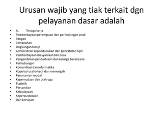 Urusan wajib yang tiak terkait dgn
pelayanan dasar adalah
• A. Tenaga kerja
• Pemberdayaan perempuan dan perlindungan anak
• Pangan
• Pertanahan
• Lingkungan hidup
• Administrasi kependudukan dan pencatatan sipil
• Pemberdayaan masyarakat dan desa
• Pengendalian pendudukan dan kelurga berencana
• Perhubungan
• Komunikasi dan informatika
• Koperasi usaha kecil dan menengah
• Penanaman modal
• Kepemudaan dan olahraga
• Statistik
• Persandian
• Kebudayaan
• Keperpustakaan
• Dan kersipan
 