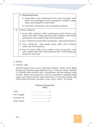 PPKN 168
5) Mengomunikasikan
a) Peserta didik secara berkelompok diminta untuk menyajikan hasil
analisis kasus pelanggaran hak dan pengingkaran kewajiban warga
negara secara bergantian di depan kelas�
b) Hasil analisis dikumpulkan untuk mendapatkan penilaian�
3� Penutup (15Menit)
1) Peserta didik melakukan refleksi pembelajaran melalui berbagai cara
seperti tanya-jawab tentang apa yang sudah dipelajari, apa manfaat
pembelajaran, apa perubahansikap apa perlu dilakukan�
2) Guru membimbing peserta didik menyimpulkan materi pembelajaran
3) Guru memberikan tugas kepada peserta didik untuk membaca
materi pada bab selanjutnya
4) Guru dan peserta didik menutup kegiatan dengan mengucapkan rasa
syukur kepada Tuhan YME bahwa pertemuan kali ini telah berlangsung
denganbaik dan lancar�
c� Penilaian
1) Penilaian sikap
Penilaian sikap terhadap peserta didik dapat dilakukan selama proses belajar
berlangsung� Penilaian dapat dilakukan dengan observasi� Dalam observasi
ini misalnya dilihat aktivitas dalam mengumpulkan data dari berbagai sumber
berkaitan dengan kasus pelanggaran hak dan pengingkaran kewajiban warga
negara serta tingkat perhatian peserta didik pada saat berdiskusi� Aspek yang
dinilai adalah iman taqwa, rasa syukur, gotong royong, toleransi dan damai�
Pedoman Pengamatan
Sikap
Kelas : ………………………�
Hari, Tanggal : ………………………�
Pertemuan Ke- : ………………………�
Materi Pokok : ………………………�
 