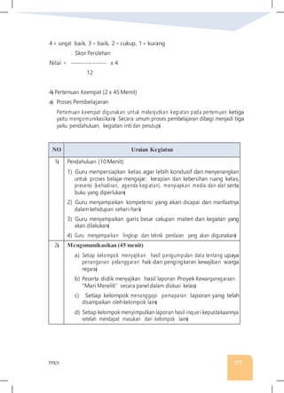 PPKN 177
4 = sangat baik, 3 = baik, 2 = cukup, 1 = kurang
Skor Perolehan
Nilai = -------------------- x 4
12
4� Pertemuan Keempat (2 x 45Menit)
a� Proses Pembelajaran
Pertemuan keempat digunakan untuk melanjutkan kegiatan pada pertemuan ketiga
yaitu mengomunikasikan� Secara umum proses pembelajaran dibagi menjadi tiga
yaitu pendahuluan, kegiatan inti dan penutup�
NO Uraian Kegiatan
1� Pendahuluan (10Menit)
1) Guru mempersiapkan kelas agar lebih kondusif dan menyenangkan
untuk proses belajar-mengajar; kerapian dan kebersihan ruang kelas,
presensi (kehadiran, agenda kegiatan), menyiapkan media dan alat serta
buku yang diperlukan�
2) Guru menyampaikan kompetensi yang akan dicapai dan manfaatnya
dalam kehidupan sehari-hari�
3) Guru menyampaikan garis besar cakupan materi dan kegiatan yang
akan dilakukan�
4) Guru menyampaikan lingkup dan teknik penilaian yang akan digunakan�
2� Mengomunikasikan (45 menit)
a) Setiap kelompok menyajikan hasil pengumpulan data tentang upaya
penanganan pelanggaran hak dan pengingkaran kewajiban warga
negara�
b) Peserta didik menyajikan hasil laporan Proyek Kewarganegaraan
“Mari Meneliti” secara panel dalam diskusi kelas�
c) Setiap kelompok menanggapi pemaparan laporan yang telah
disampaikan oleh kelompok lain�
d) Setiap kelompok menyimpulkan laporan hasil inquiri kepustakaannya
setelah mendapat masukan dari kelompok lain�
 