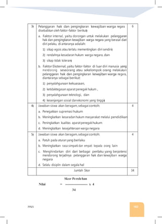 PPKN 183
3� Pelanggaran hak dan pengingkaran kewajiban warga negara
disebabkan oleh faktor-faktor berikut�
a. Faktor internal, yaitu dorongan untuk melakukan pelanggaran
hak dan pengingkaran kewajiban warga negara yang berasal dari
diri pelaku, di antaranya adalah:
1) sikap egois atau terlalu mementingkan diri sendiri�
2) rendahnya kesadaran hukum warga negara, dan
3) sikap tidak toleran�
b. Faktor Eksternal, yaitu faktor-faktor di luar diri manusia yang
mendorong seseorang atau sekelompok orang melakukan
pelanggaran hak dan pengingkaran kewajiban warga negara,
diantaranya sebagai berikut:
1) penyalahgunaan kekuasaan,
2) ketidaktegasan aparat penegak hukum ,
3) penyalahgunaan teknologi, dan
4) kesenjangan sosial danekonomi yang tinggi�
6
4� Jawaban siswa akan beragam, sebagaicontoh:
a. Penegakkan supremasi hukum
b. Meningkatkan kesaradanhukum masyarakat melalui pendidikan
c. Peningkatkan kualitas aparatpenegakhukum
d. Meningkatkan kesejahteraan warga negara
4
5� Jawaban siswa akan beragam, sebagaicontoh:
a. Patuh pada aturan yang berlaku
b. Meningkatkan rasa simpati dan empati kepada orang lain
c. Menghindarkan diri dari berbagai perilaku yang berpotensi
mendorong terjadinya pelanggaran hak dan kewajiban warga
negara
d. Selalu disiplin dalam segala hal
4
Jumlah Skor 34
Skor Perolehan
Nilai = -------------------- x 4
34
 