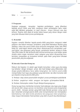 SkorPerolehan
Nilai = -------------------- x 4
24
F. Pengayaan
Kegiatan pengayaan merupakan kegiatan pembelajaran yang diberikan
kepada peserta didik yang telah menguasai materi pembelajaran yaitu materi
pada Bab 4�Dalam pengayaan ini dapat dilakukan dengan beberapa cara dan
pilihan� Peserta didik dapat di berikan bahan bacaan yang relevan dengan materi
yang telah dikuasai dalam proses pembelajaran�
G. Remedial
Kegiatan remedial diberikan kepada peserta didik yang belum menguasai materi
pelajaran dan belum mencapai kompetensi yang telah ditentukan� Bentuk yang
dilakukan antara lain peserta didik secara terencana mempelajari Buku Teks PPKn
Kelas XII pada bagian tertentu yang belum dikuasainya� Guru menyediakan soal-
soal latihan atau pertanyaan yang merujuk pemahaman kembali tentang isi Buku
Teks PPKn Kelas XII Bab 4� Peserta didik diminta komitmennya untuk belajar secara
disiplin dalam rangka memahami materi pelajaran yang belum dikuasainya� Guru
kemudian mengadakan uji kompetensi kembali pada materi yang belum dikuasai
peserta didik yang bersangkutan�
H.Interaksi Guru dan Orang tua
Maksud dari kegiatan ini adalah agar terjalin komunikasi antara guru danorang
tua berkaitan dengan kemajuan proses dan hasil belajar yang dilaksanakan dan
dicapai peserta didik �Guru harus selalu mengingatkan dan meminta peserta didik
memperihatkan hasil tugas atau pekerjaan yang telah dinilai dan diberi komentar oleh
guru kepada orang tua peserta didik yaitu:
1� Penilaian sikap selama peserta didik mengikuti proses pembelajaran pada Bab4�
2� Penilaian pengetahuan melalui penugasan dan kegiatan uji kompetensi Bab 4�
3� Penilaian Ketrampilan melalui Proyek BelajarKewarganegaraan
Orang tua juga harus memberikan komentar hasil pekerjaan atau tugas yang dicapai
oleh peserta didik sebagai apresiasi dan komitmen untuk bersama-sama mengantarkan
peserta didik mencapai prestasi yang lebih baik� Bentuk apresiasi orang tua ini
akan menambah semangat peserta didik untuk mempertahankan dan meningkatkan
keberhasilannya baik dalam kontek pemahaman dan penguasaan materi pengetahuan,
sikap maupun ketrampilan� Hasil penilaian yang telah di paraf atau ditandatangani
 