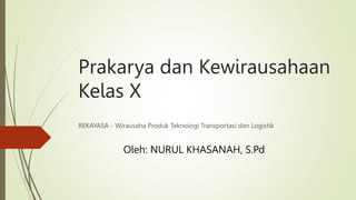 Prakarya dan Kewirausahaan
Kelas X
REKAYASA - Wirausaha Produk Teknologi Transportasi dan Logistik
Oleh: NURUL KHASANAH, S.Pd
 