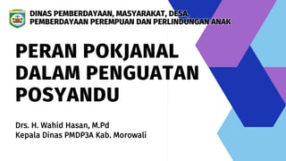 DINAS PEMBERDAYAAN, MASYARAKAT, DESA,
PEMBERDAYAAN PEREMPUAN DAN PERLINDUNGAN ANAK
PERAN POKJANAL
DALAM PENGUATAN
POSYANDU
Drs. H. Wahid Hasan, M.Pd
Kepala Dinas PMDP3A Kab. Morowali
 