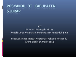 BY:
dr. H. A. Irwansyah, M.Kes
Kepala Dinas Kesehatan, Pengendalian Penduduk & KB
Dibawakan pada Rapat Koordinasi Pokjanal Posyandu
Grand Sidny, 29 Maret 2019
 