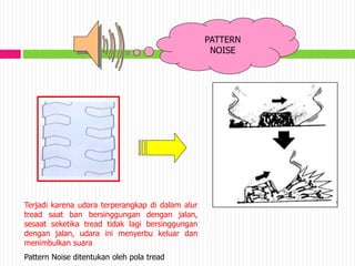 LUG
PATTERN
NOISE
Terjadi karena udara terperangkap di dalam alur
tread saat ban bersinggungan dengan jalan,
sesaat seketika tread tidak lagi bersinggungan
dengan jalan, udara ini menyerbu keluar dan
menimbulkan suara
Pattern Noise ditentukan oleh pola tread
 