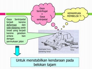 KEMAMPUAN
MEMBELOK ?!
Gaya
Sentrifugal
×
Gaya
sentripetal
Gaya Sentripetal
terjadi karena
deformasi dan
side-slipiping pada
tread yang terjadi
karena gesekan
antara ban
dengan
permukaan jalan
Untuk menstabilkan kendaraan pada
belokan tajam
 