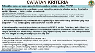 1.Kewajiban pelaporan secara periodik dilakukan selama periode penilaian PROPER
2. Kewajiban pelaporan data pemantauan secara manual tiap parameter di setiap sumber Emisi paling
sediikit dilakukan 1x dalam 6 bulan, kecuali untuk:
1.Sumber Emisi proses pembakaran
2.Sumber Emisi yang memiliki izin pemanfaatan dan/atau pengolahan pelaporan dan pemantauan dilakukan mengikuti ketentuan lain
3.Sumber Emisi unit ketel uap yang beroprasi <6 bulan, pelaporan data pemantauan dilakukan paling sedikit 1x dalam 1 tahun (100%)
3. Kewajiban pelaporan data pemantauan melalui perhitungan neraca massa tiap parameter yang wajib
dilaporkan secara periodik paling sedikit dilakukan 1x dalam 6 bulan
4. Kewajiban pelaporan data pemantauan menggunakan CEMS di sumber Emisi yang wajib dilaporkan
secara periodik dilakukan dengan ketentuan tersedia pelaporan data pemantauan harian seriap 3 bulan
dengan validitas data harian berupa data harian yang diperoleh paling sedikit 75% dari hasil pembacaan
rata-rata tiap jam atau 18 jam data pengukuran tiap hari
5. Penghitugan beban Emisi dilakukan dengan cara:
1.Mengalikan konsentrasi dengan laju alir dan jam operasional untuk pemantauan Emsisi dengan cara terus
menerus dan/atau manual
2.Membandigkan jumlah penggunaan sulfur dalam proses pengolahan dan pengoperasian mesin penunjang
produksi dengan jumlah sulfur yang terdapat dalam produk dan limbah per ton produksi sulfida nikel untuk
pemantauan Emisi dengan cara perhitungan neraca massa
Direktorat Pengendalian Pencemaran Udara
CATATAN KRITERIA
 