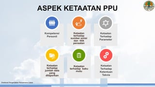 ASPEK KETAATAN PPU
Ketaatan
terhadap
sumber emisi
dan titik
penaatan
Ketaatan
Terhadap
Parameter
Kompetensi
Personil
Ketaatan
terhadap
jumlah data
yang
dilaporkan
Ketaatan
terhadap baku
mutu
Ketaatan
Terhadap
Ketentuan
Teknis
Direktorat Pengendalian Pencemaran Udara
 
