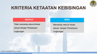 MERAH
Tidak memantau seluruhlokasi
sesuai dengan Persetujuan
Lingkungan
BIRU
Memantau seluruh lokasi
sesuai dengan Persetujuan
Lingkungan
KRITERIA KETAATAN KEBISINGAN
Direktorat Pengendalian Pencemaran Udara
 