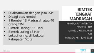 TREY
research
BIMTEK
TINGKAT
MADRASAH
Add a footer 3
PENGAJAR: TIN/TIP/TIK
PESERTA : TIM
MINGGU KE-3 MARET
S/D
MINGGU KE-1 JUNI 2023
• Dilaksanakan dengan jasa LSP
• Dibagi atas rombel
• 1 Rombel 13 Madrasah atau 40
orang TIM
• Bimtek Daring : 11 Hari
• Bimtek Luring : 3 Hari
• Lokasi luring: di ibukota
Kabupaten/Kota
 