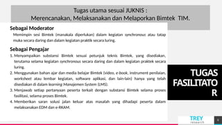 TREY
research
TUGAS
FASILITATO
R
Add a footer 6
Tugas utama sesuai JUKNIS :
Merencanakan, Melaksanakan dan Melaporkan Bimtek TIM.
Sebagai Moderator
Memimpin sesi Bimtek (manakala diperlukan) dalam kegiatan synchronous atau tatap
muka secara daring dan dalam kegiatan praktik secara luring.
Sebagai Pengajar
1. Menyampaikan substansi Bimtek sesuai petunjuk teknis Bimtek, yang disediakan,
terutama selama kegiatan synchronous secara daring dan dalam kegiatan praktek secara
luring.
2. Menggunakan bahan ajar dan media belajar Bimtek (video, e-book, instrument penilaian,
worksheet atau lembar kegiatan, software aplikasi, dan lain-lain) hanya yang telah
disediakan di dalam learning Manajemen System (LMS).
3. Menjawab setiap pertanyaan peserta terkait dengan substansi Bimtek selama proses
fasilitasi, selama proses Bimtek.
4. Memberikan saran solusi jalan keluar atas masalah yang dihadapi peserta dalam
melaksanakan EDM dan e-RKAM.
 